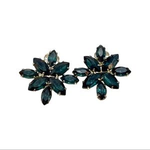 Vintage Blue Rhinestone Earrings Cluster Clip On